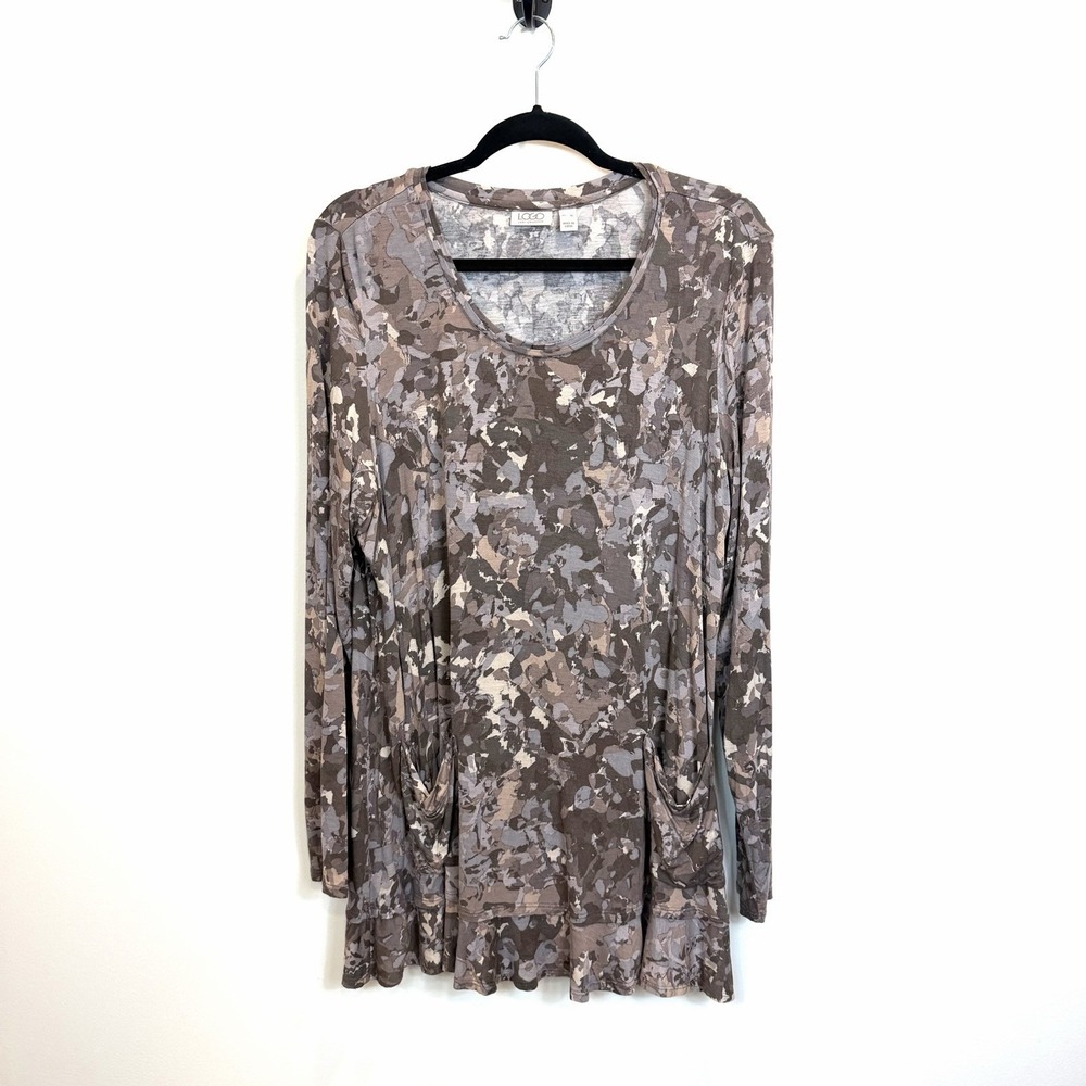 Lori Goldstein LOGO XL Long Sleeve Knit Tunic Ruffle Hem Top A296791 Pockets